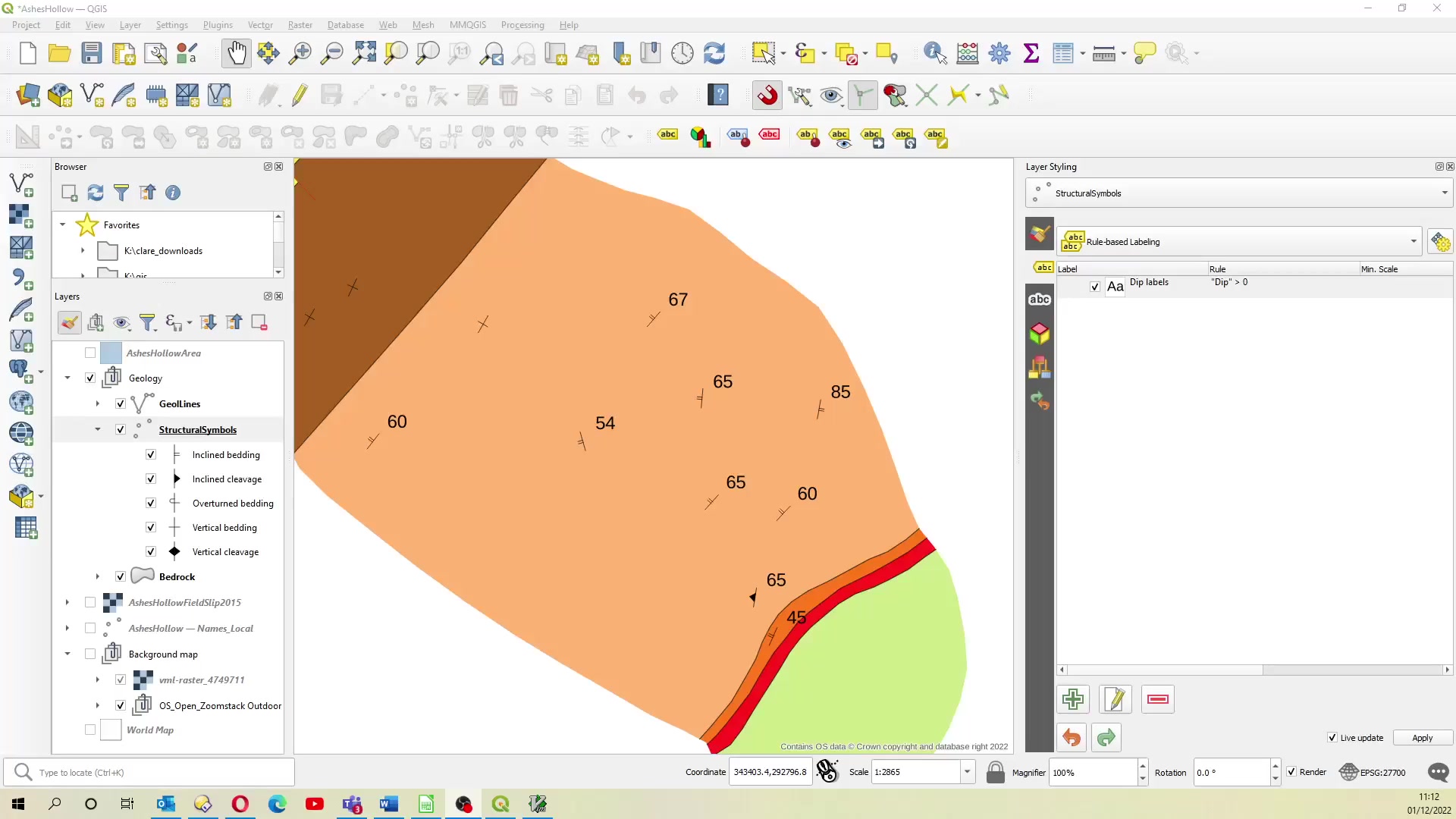 Labelling Structural Symbols With Dip Angle In Qgis